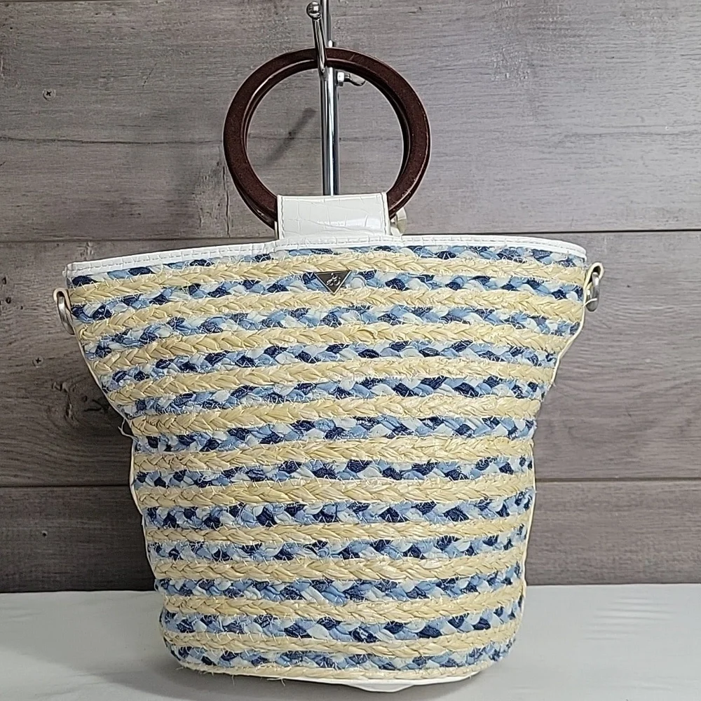 Sam Edelman Straw/Leather Bucket Tote Handbag